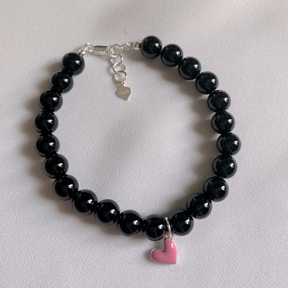 Black Onyx Sterling Silver Heart Charm Bracelet - Picture 4 of 6